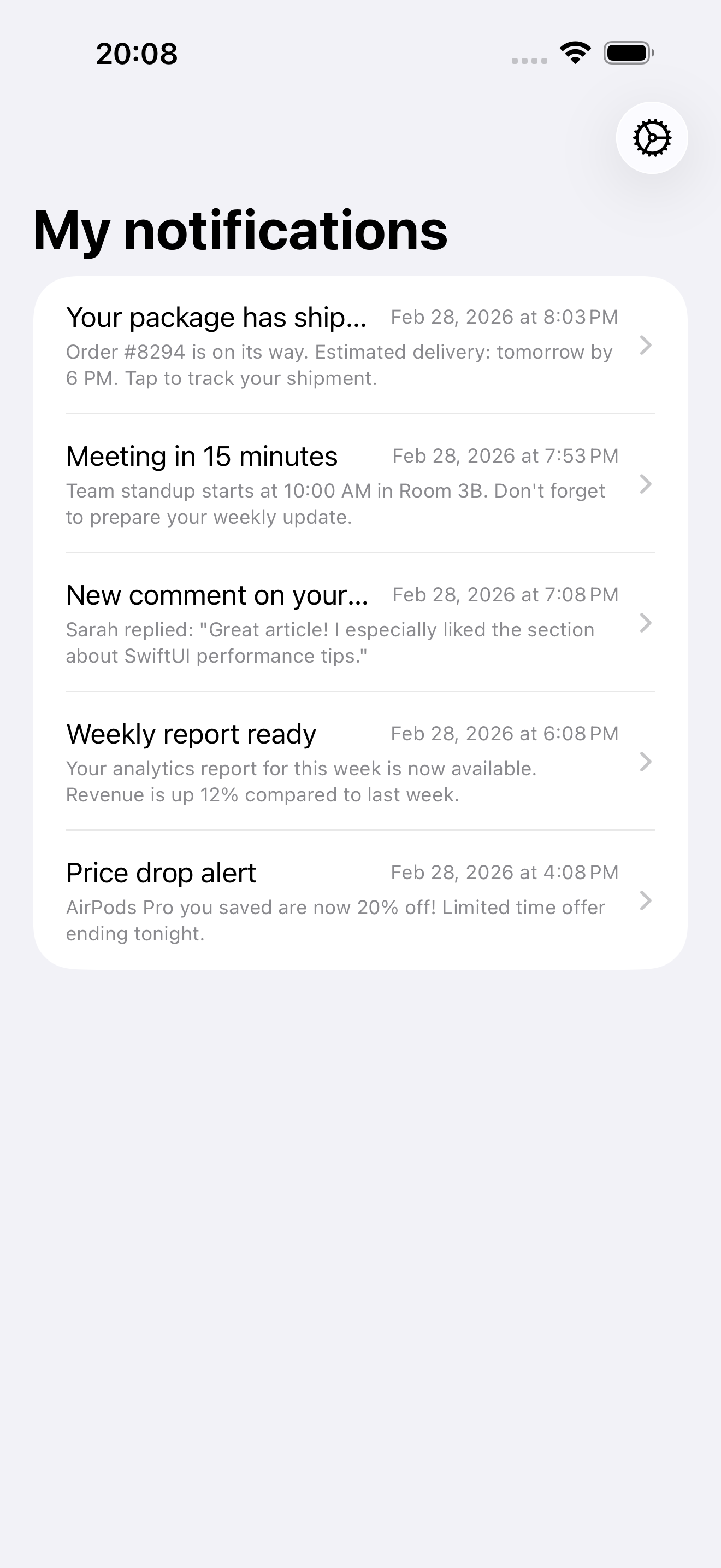 NotifyMe notification list showing shipping, meeting, comment, analytics, and price alerts