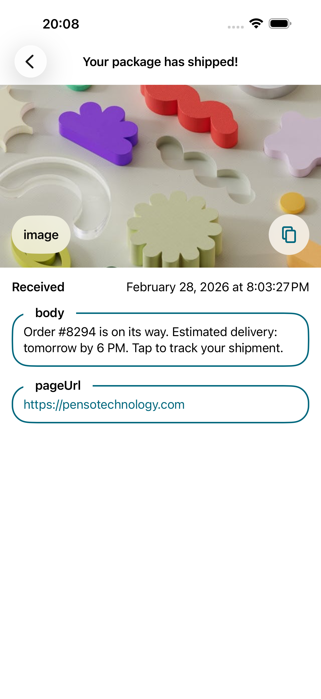 Notification detail view showing a rich notification with an image and a tappable page link