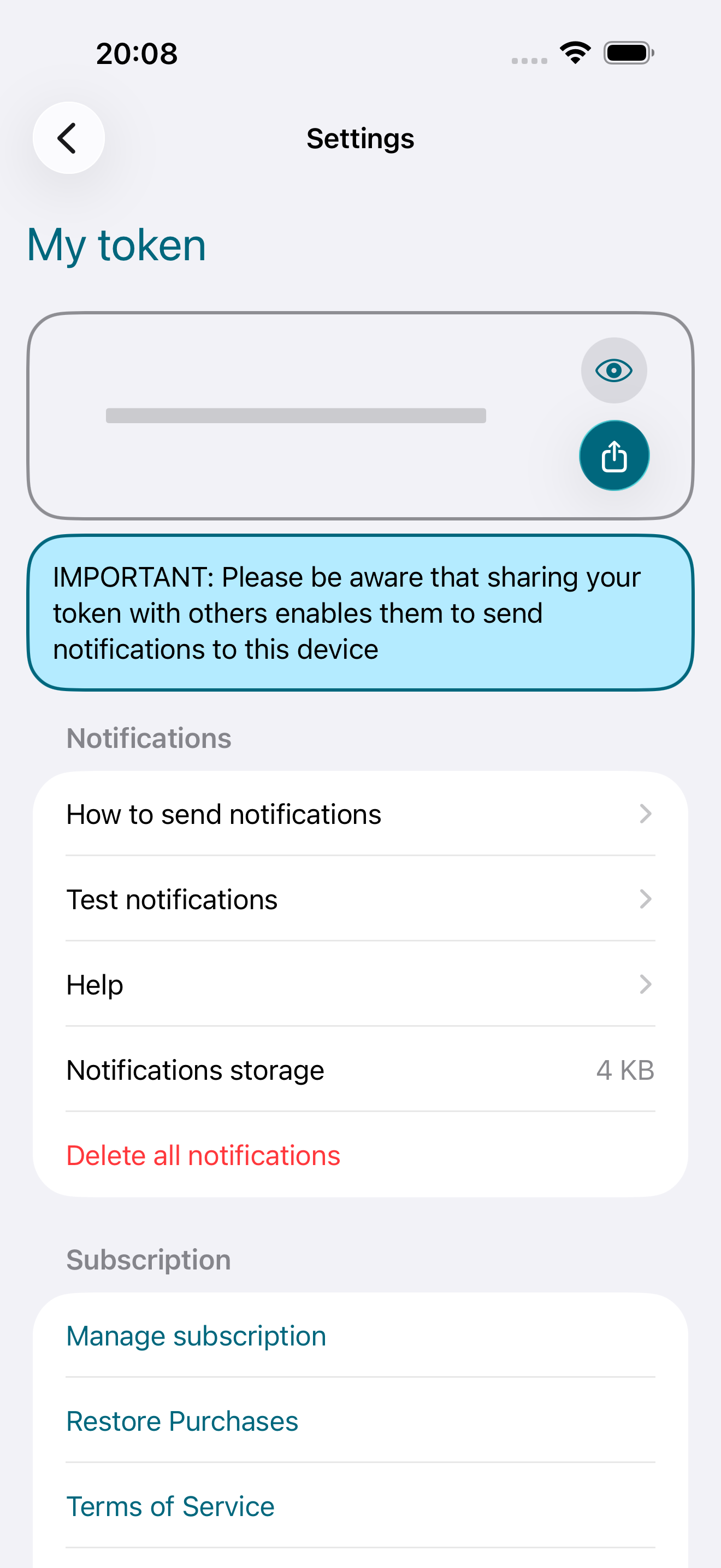 Settings screen showing the device token with privacy controls and subscription management