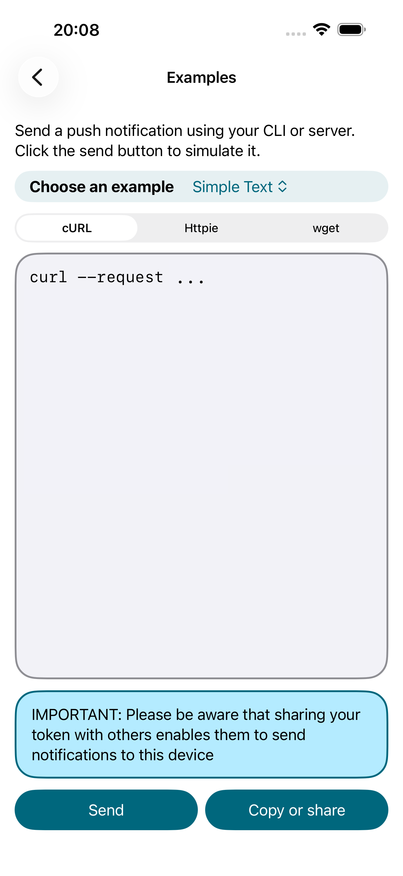 Examples screen showing a curl code snippet ready to copy and send